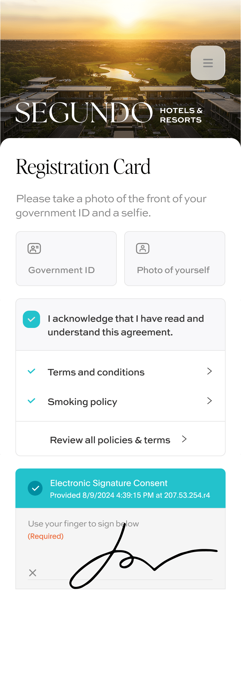 Registration card screen